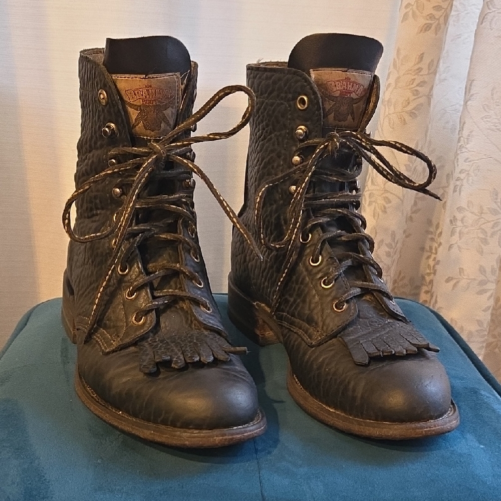 Brahma Textured Vintage Black Leather Lace-up Boots